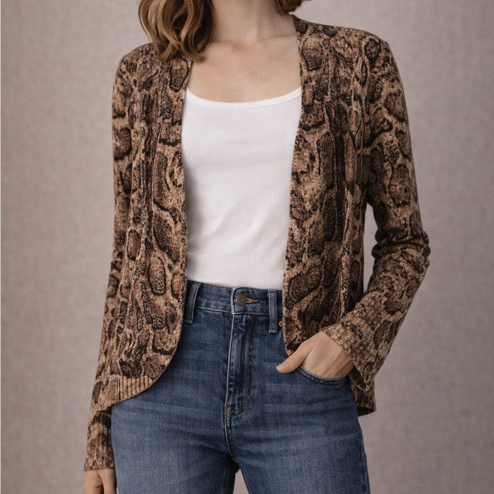 Neiman Marcus 100% Cashmere Animal Print Cardigan Brown Tan Snake Print Size M